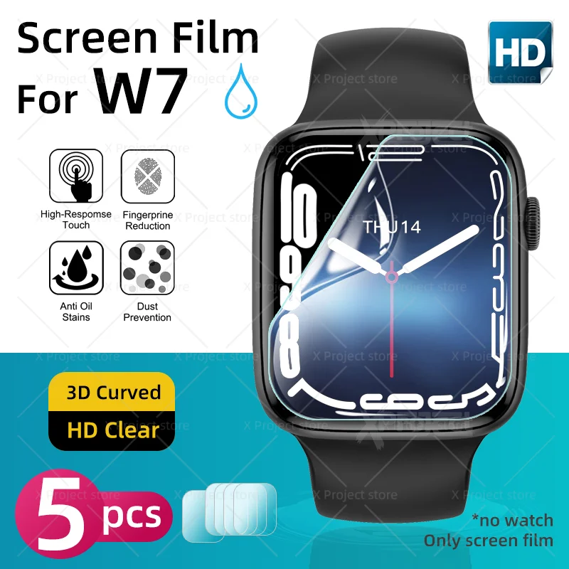 

5pcs HD Screen Film For W7 Smart Watch Full Coverage Hydrogel Protective Film Screen Protector For Series7 SmartWatch pk DT7 pro