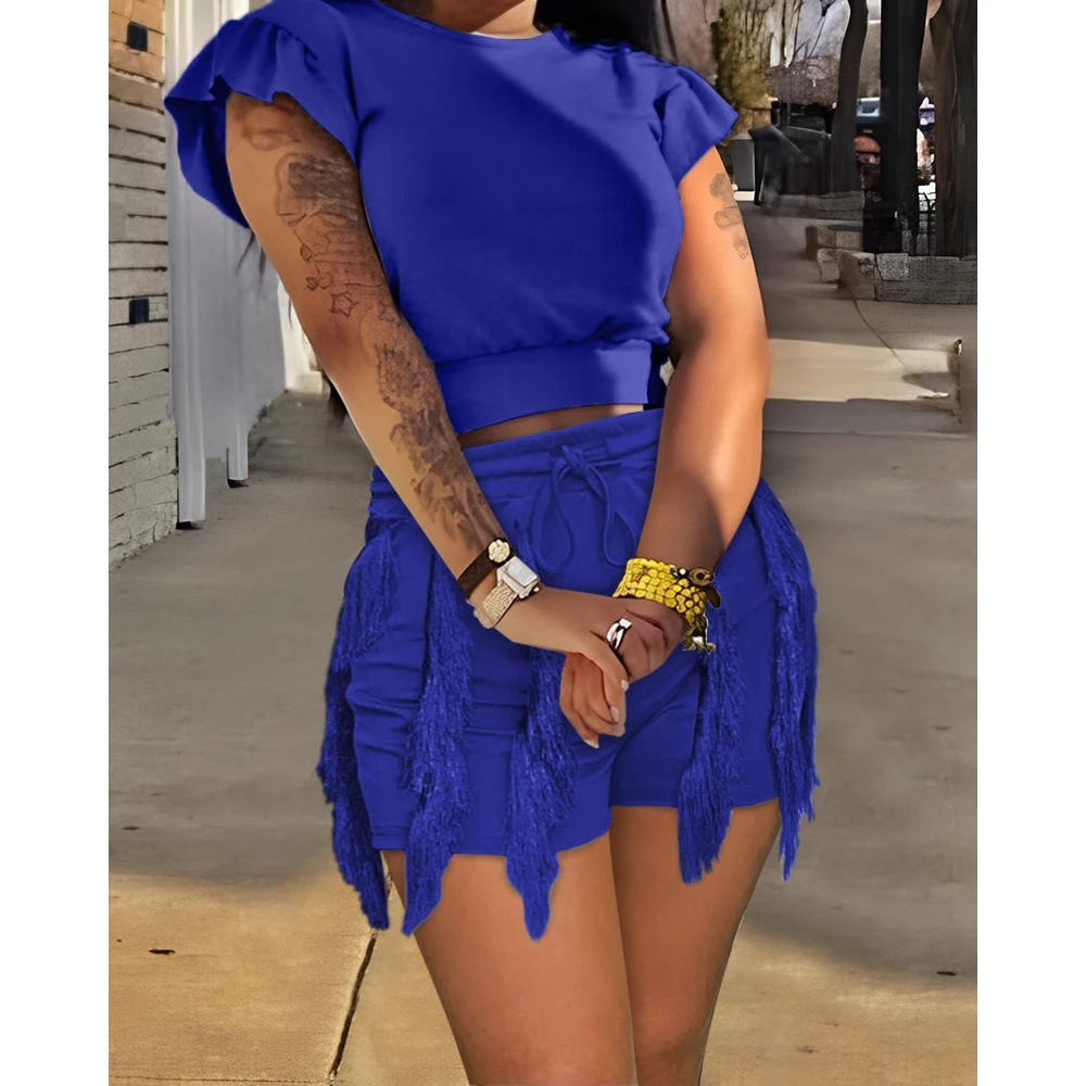 Fashion Summer Women Casual Two Piece Shorts Set Ruffles Flutter Sleeve Top & Tassel Design Shorts Set Streetwear Outfits