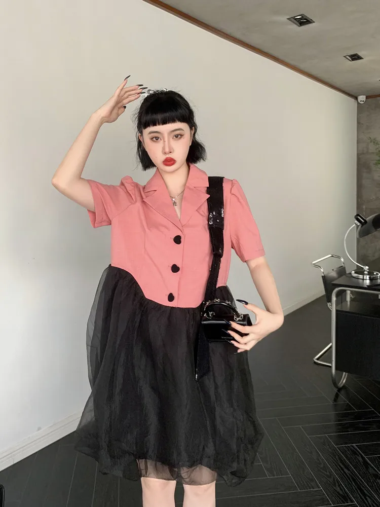 

ZCSMLL Mesh Patchwork Ball Gown Dress For Women 2022 Summer Pink Short Sleeve Lapel Fashion Tulle Dress Clothing