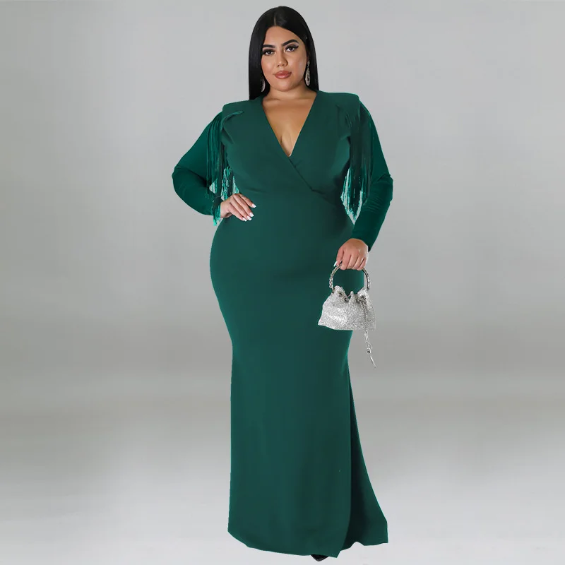 Plus Size Women's Dresses Sexy Long Sleeve Fringe Solid Color Deep V-neck Evening Dress Fashion Casual Elegant Party Dresses