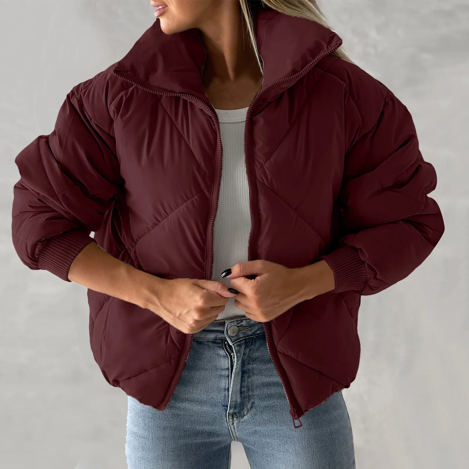 

Women's Full Zip Cotton Jackets Winter Coat Pockets Long Sleeve Quilted Short Bubble Coats Female Cropped Parkas Vintage Coats