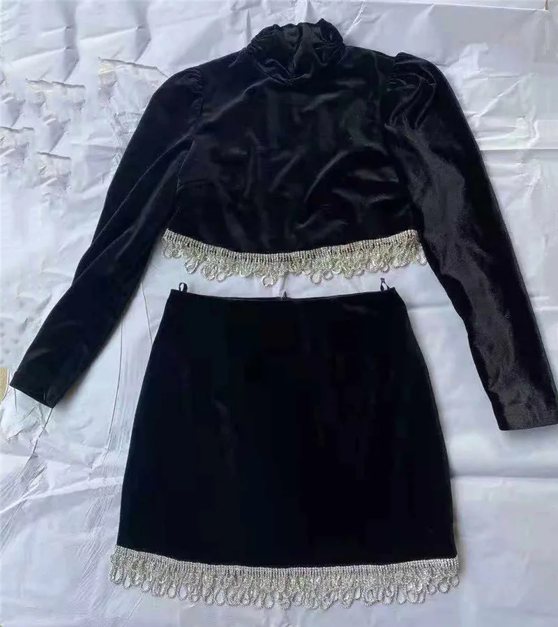 Black Diamonds Tassel Two Piece Set Velvet Long Sleeve Crop Top T-Shirt Sexy Bodycon Mini Skirts High Waist Fashion Clothing enlarge