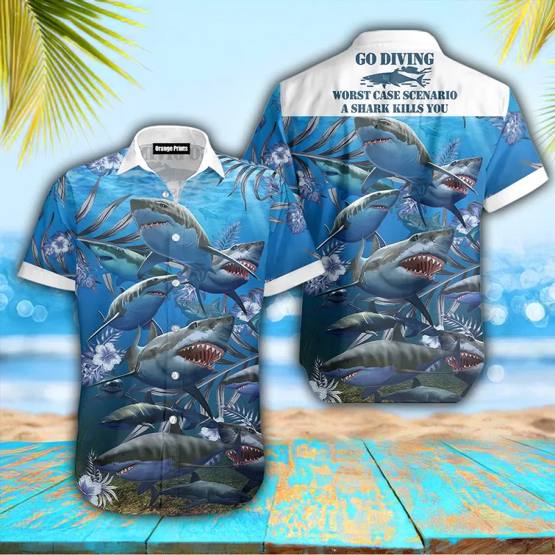 New Hawaiian Mens Shirts Cool Shark Totem Printed Top US Size Cuban Collar Summer Vacation Beach Style Hangover Shirt images - 6