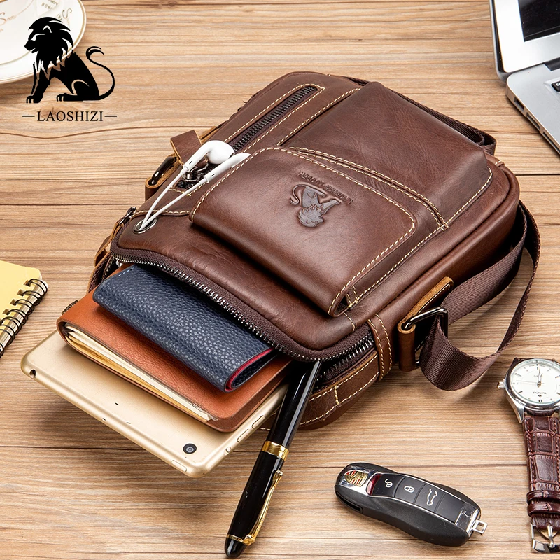 Bolso cruzado de cuero genuino para hombre, bandolera de piel de vaca, Estilo Vintage, informal, pequeño