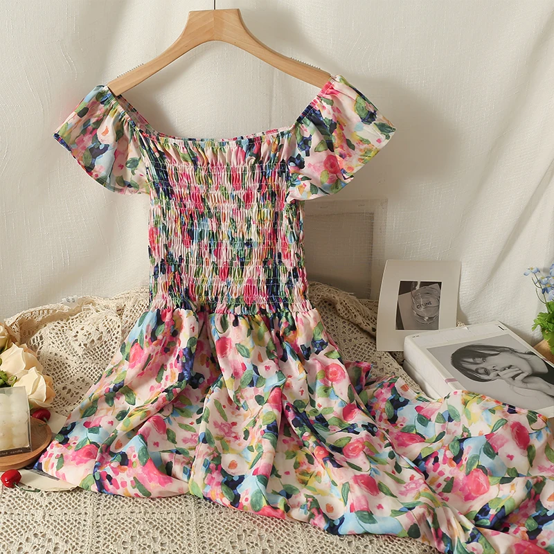 

Sweet Floral Dress Women's Summer French New Off Shoulder Seaside Vacation Women Beach Long Dresses 2023
