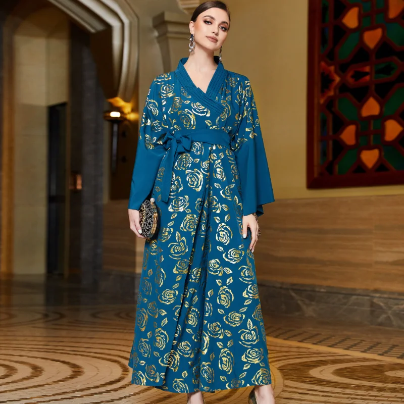 Baju Muslim For Woman 2023 Vintage Print Casual Loose  Kimono Abaya Dolman Sleeve Belted Religious Robes Ramadan Wear