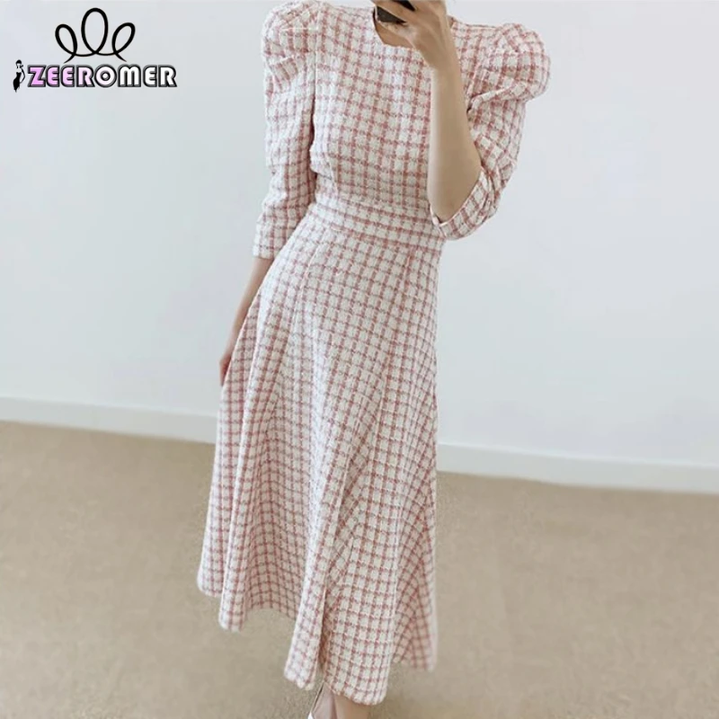 

Женское твидовое платье в клетку, повседневное офисное платье-трапеция розового цвета с круглым вырезом и пышными рукавами, приталенное платье в Корейском стиле, весна 2023