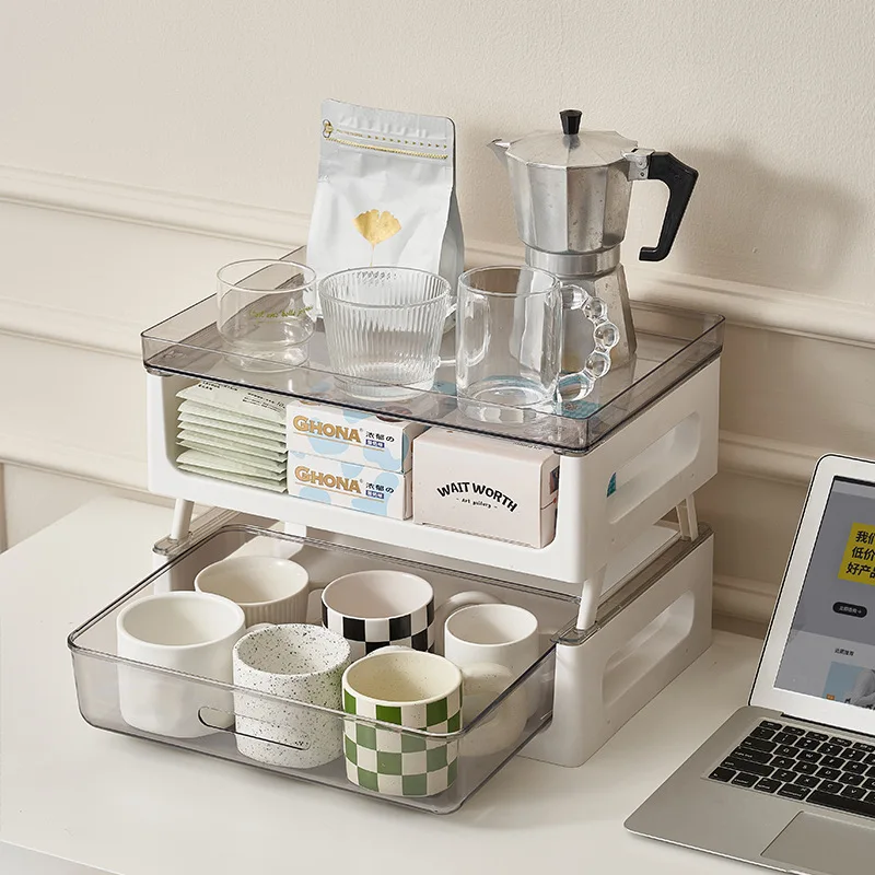 

Drawer type table storage rack Multi-layer transparent shelf Cup storage box