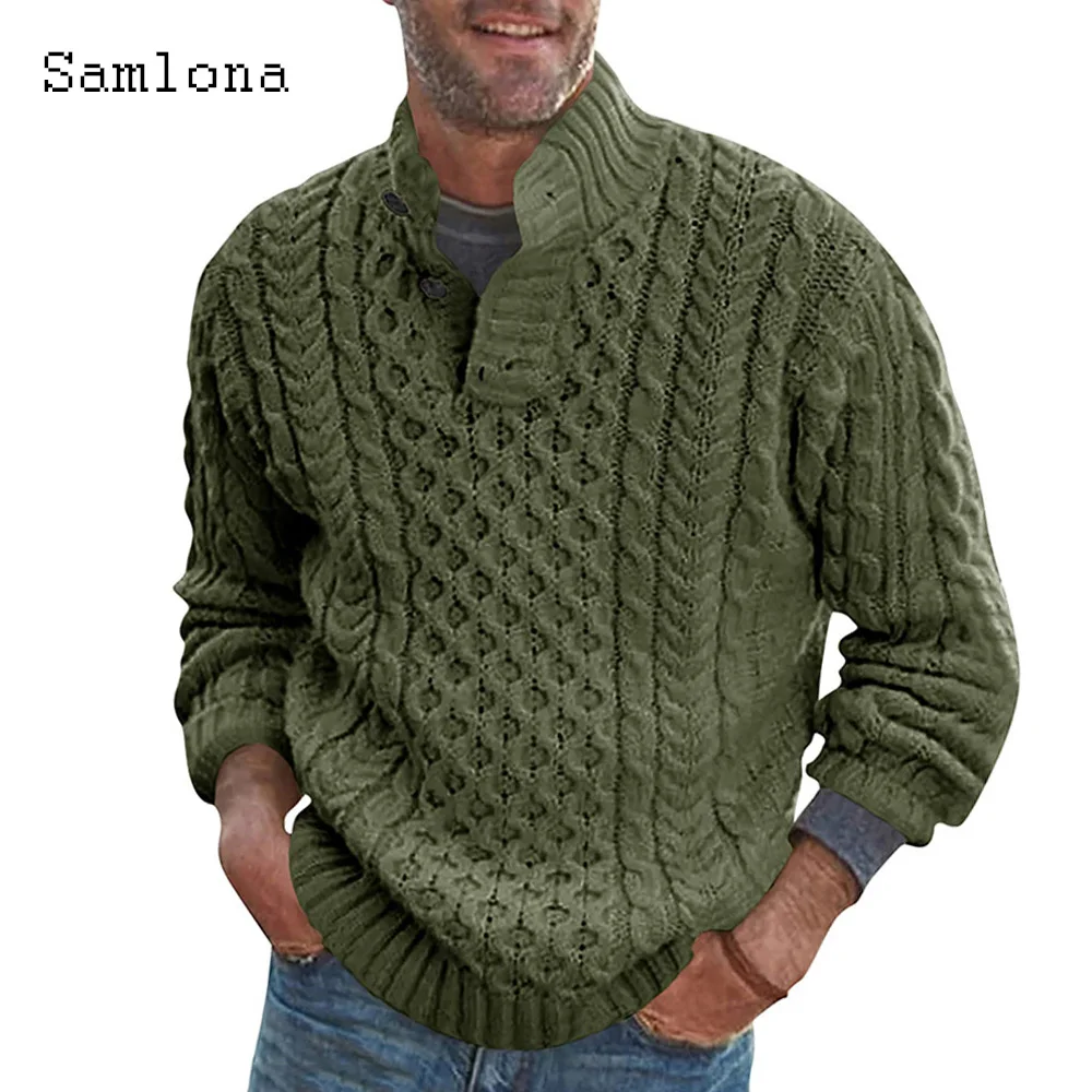 

Samlona Men Knitting Sweater Mens Knitwear 2023 European Fashion Ruched Stripes Top Pullovers Solid Khaki White Sweater Hommes