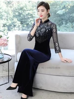 2022 chinese dress traditional qipao elegant lady dress hollow out embroidery velvet women bridesmaid long wedding party dress