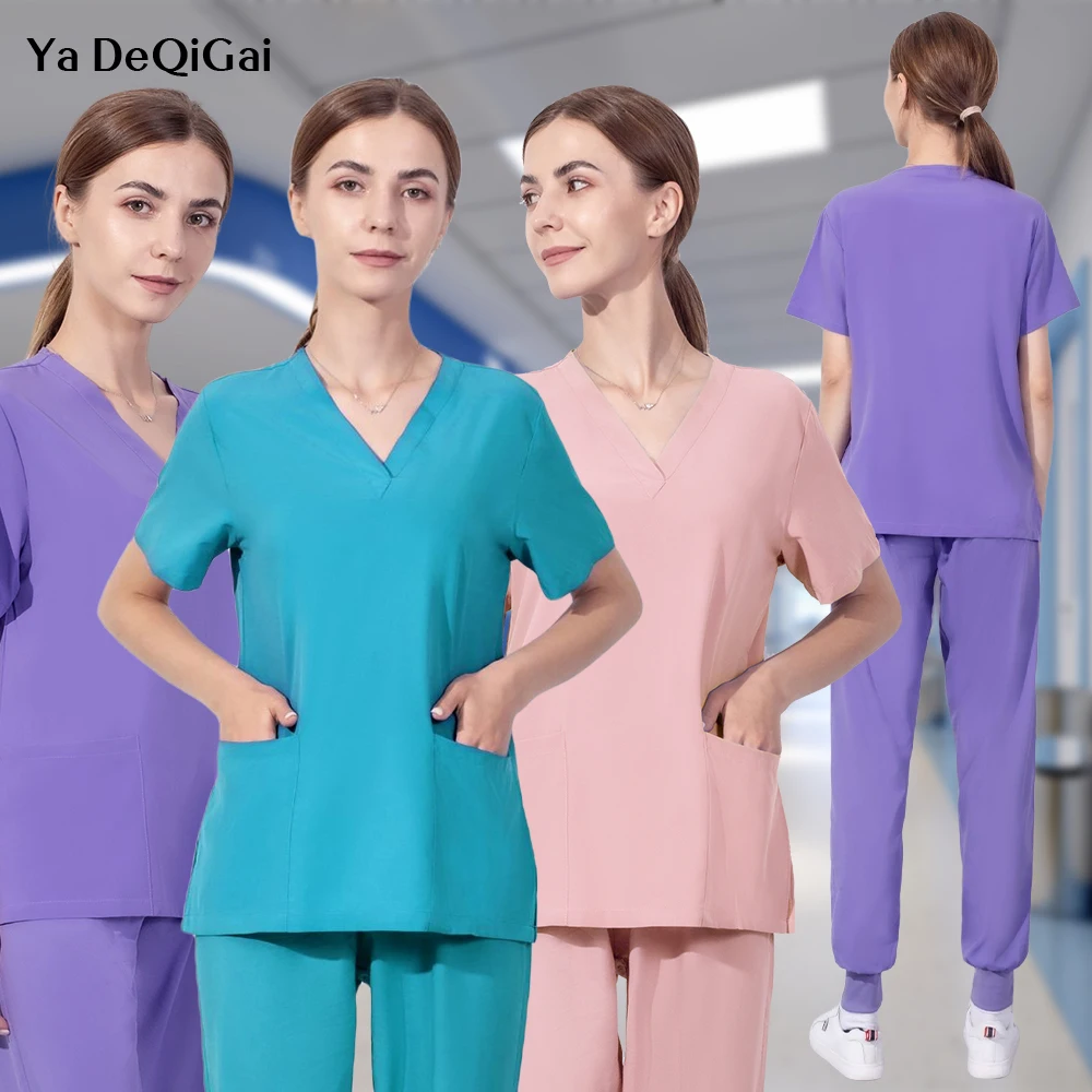 

Medical Uniforms Operating Room Women Scrubs Clothes Sleeve V-Neck Workers T-Shirt Tops Summer Uniformes Medical Accessories