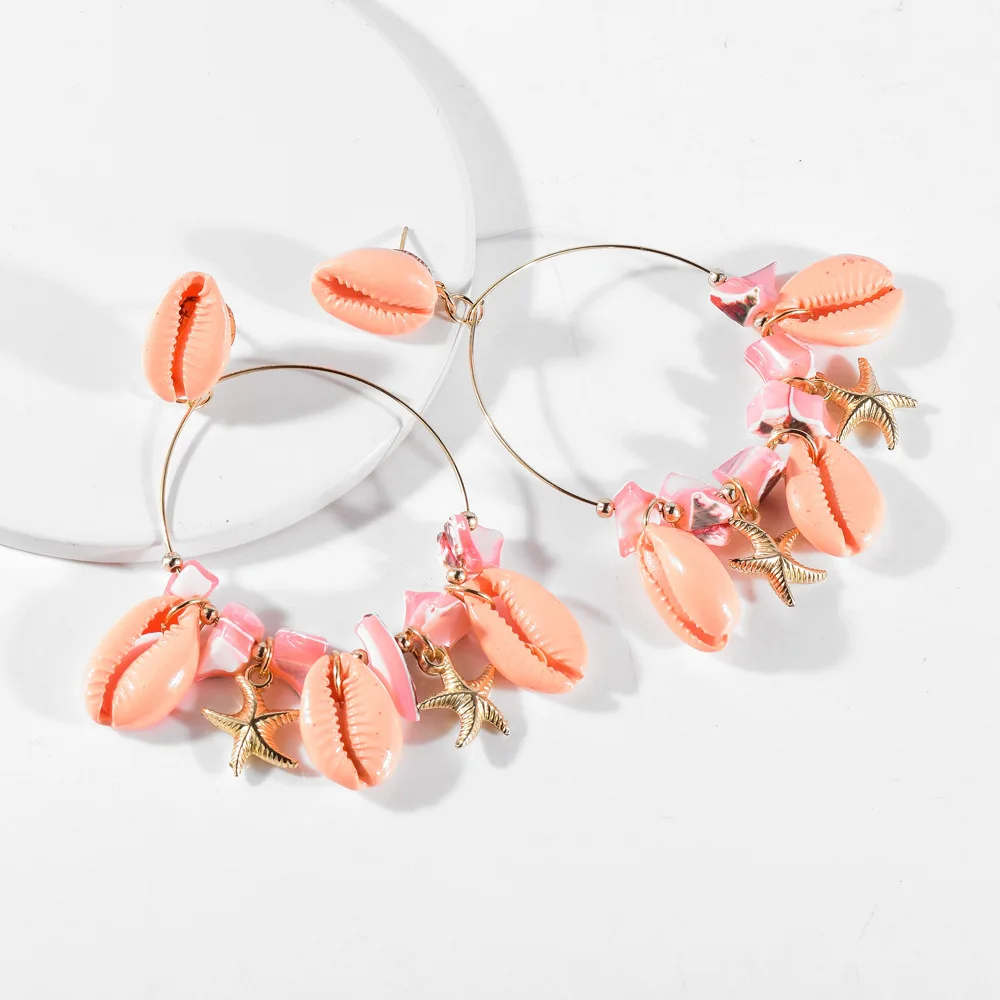 

Bohemian Style Colorful Shell Starfish Round Earrings for Women Vintage Jewelry Bohemia Fashion Metal Irregular Hoop Earrings