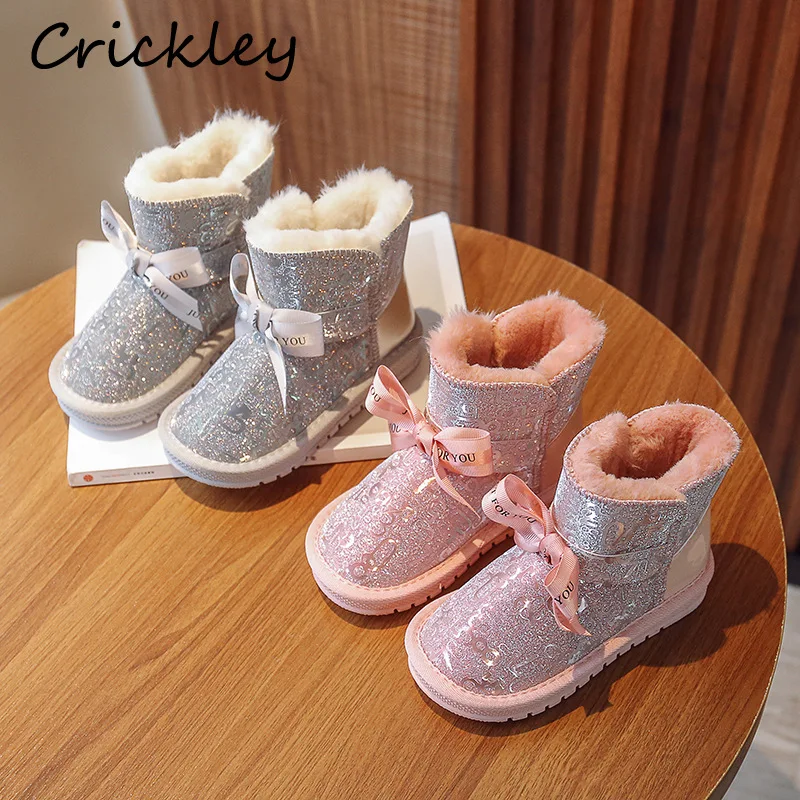 

Princess Girls Snow Boots Bow Bling Printed Non Slip Children Fashion Boots Winter Plush Warm PU Waterproof Kids Ankle Shoes
