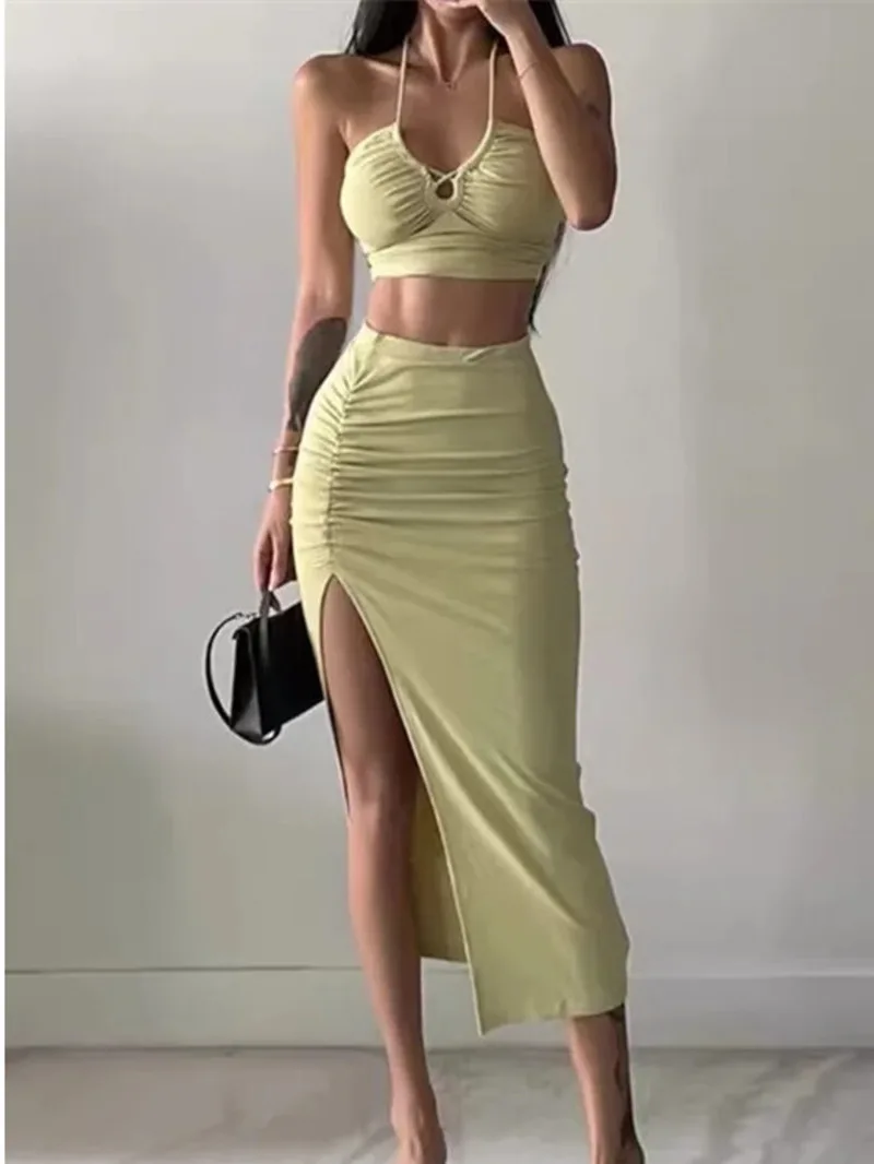 Новый летний висячий женский однотонный тонкий топ на шнуровке + длинная юбка