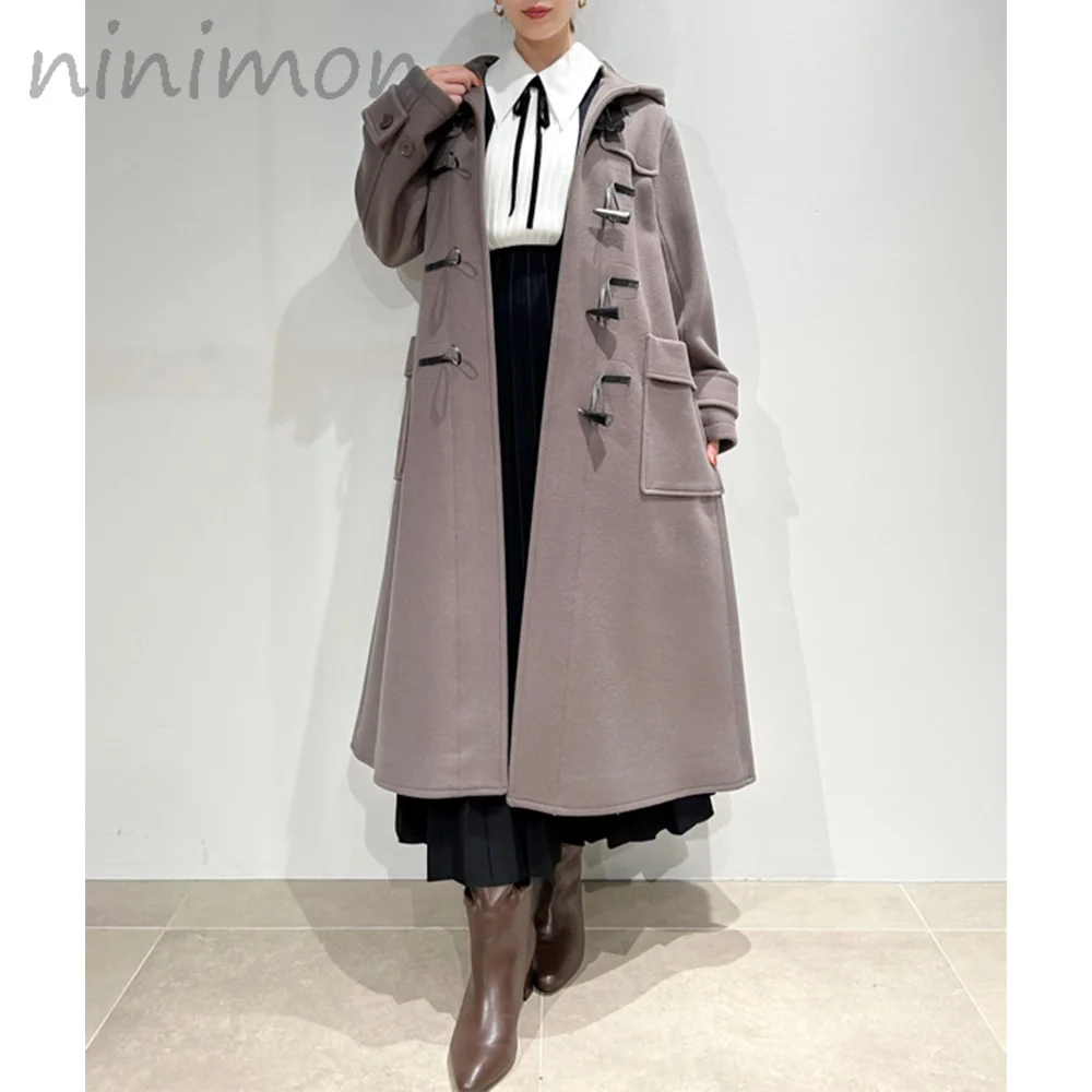 

Длинное пальто NINIMON на пуговицах, Осень-зима, элегантный женский кардиган, верхняя одежда, длинный тренчкот с капюшоном, утепленная однотонная куртка, повседневный Топ