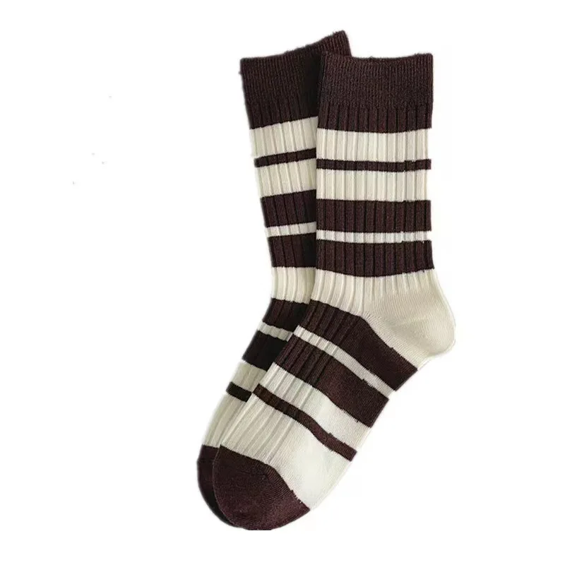 Harajuku Women Socks Autumn Simple Casual Black White Striped Pile Socks for Girls Breathable Middle Tube Bear Cotton Soft