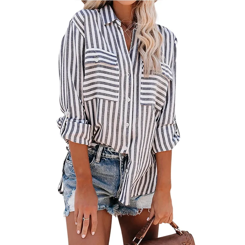 Women's 2022 Summer and Autumn New Linen Cotton Washed Striped Single-breasted Long-sleeved Shirt Women