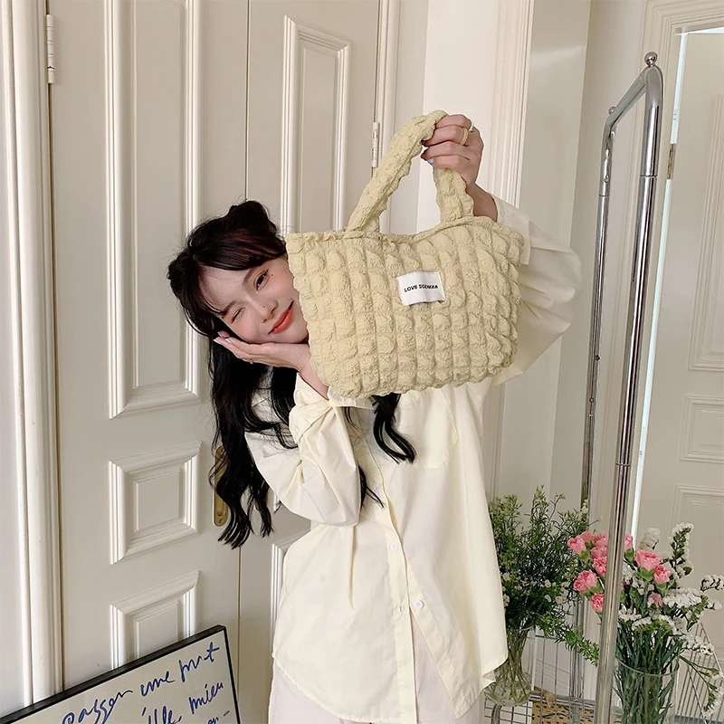 Korean Version Ins Style Fashion Bubble Hand Tote Bag Large Capacity Handbag Women Fabric Carry-on Bag For Daily Commute