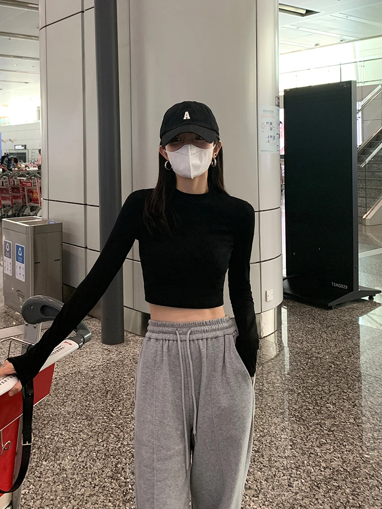 White round Neck Long Sleeves T-Shirt Female 2025 Spring and Autumn Silm Western Sle Top Short High Waist Inner Bott...