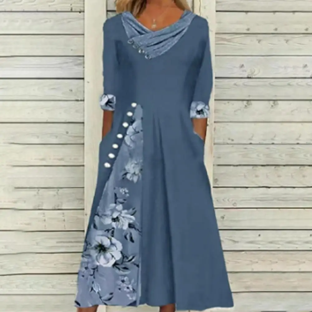 

S - 3XL Women Dress Floral Print Patchwork V Neck Half Sleeve Summer Printed Mid Waist A-Line Long Dress for Beach