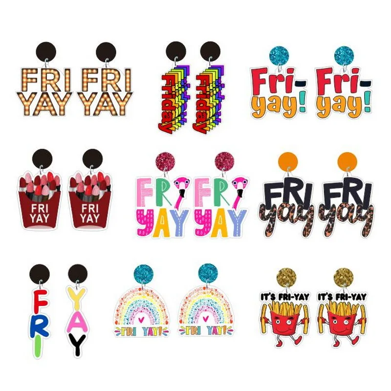 

New Cute Novelty Acrylic Women's Earrings Leopard Fries Rainbow Neon Colorful Letters Fri yay Earrings Personalized Gift