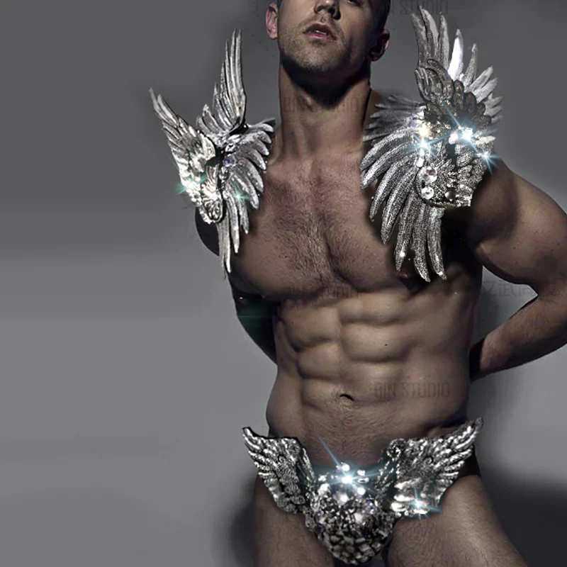 

Shoulder Accessories Pole Dance Clothes Rave Outfit Silver Sequins Wing Muscle Men Nightclub Gogo Dance Stage Costume