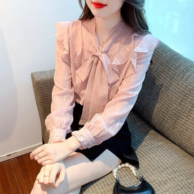 

French Bow Shirt Blouse Top Women 2023 Spring and Autumn New Versatile Western-style Long Sleeve Chiffon Blouse Female Tops
