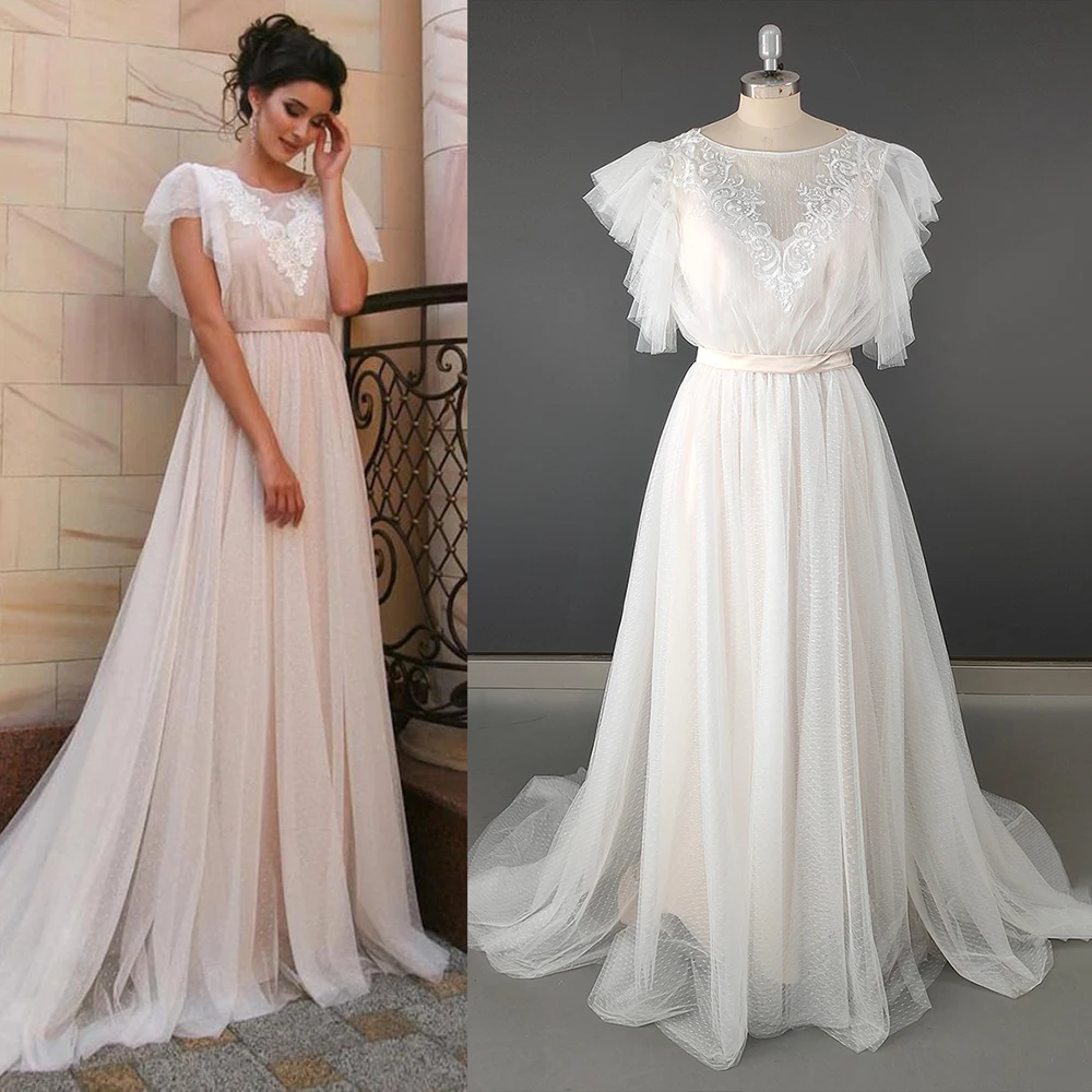 

Vintage Polka Dot Tulle Floral Lace Wedding Dress Short Flare Sleeves Keyhole Back Sash A Line Boho Modest Romantic Bridal Gown