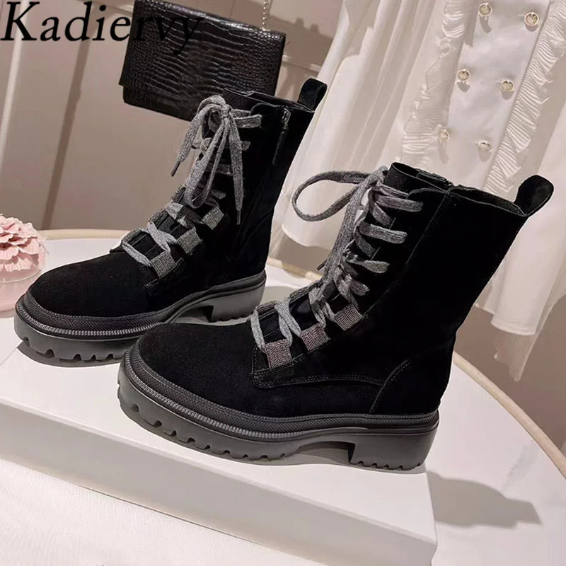 

Ботинки женские на толстой подошве, повседневные короткие мотоциклетные ботинки на шнуровке, с круглым носком, из коровьей замши, на шнуровке