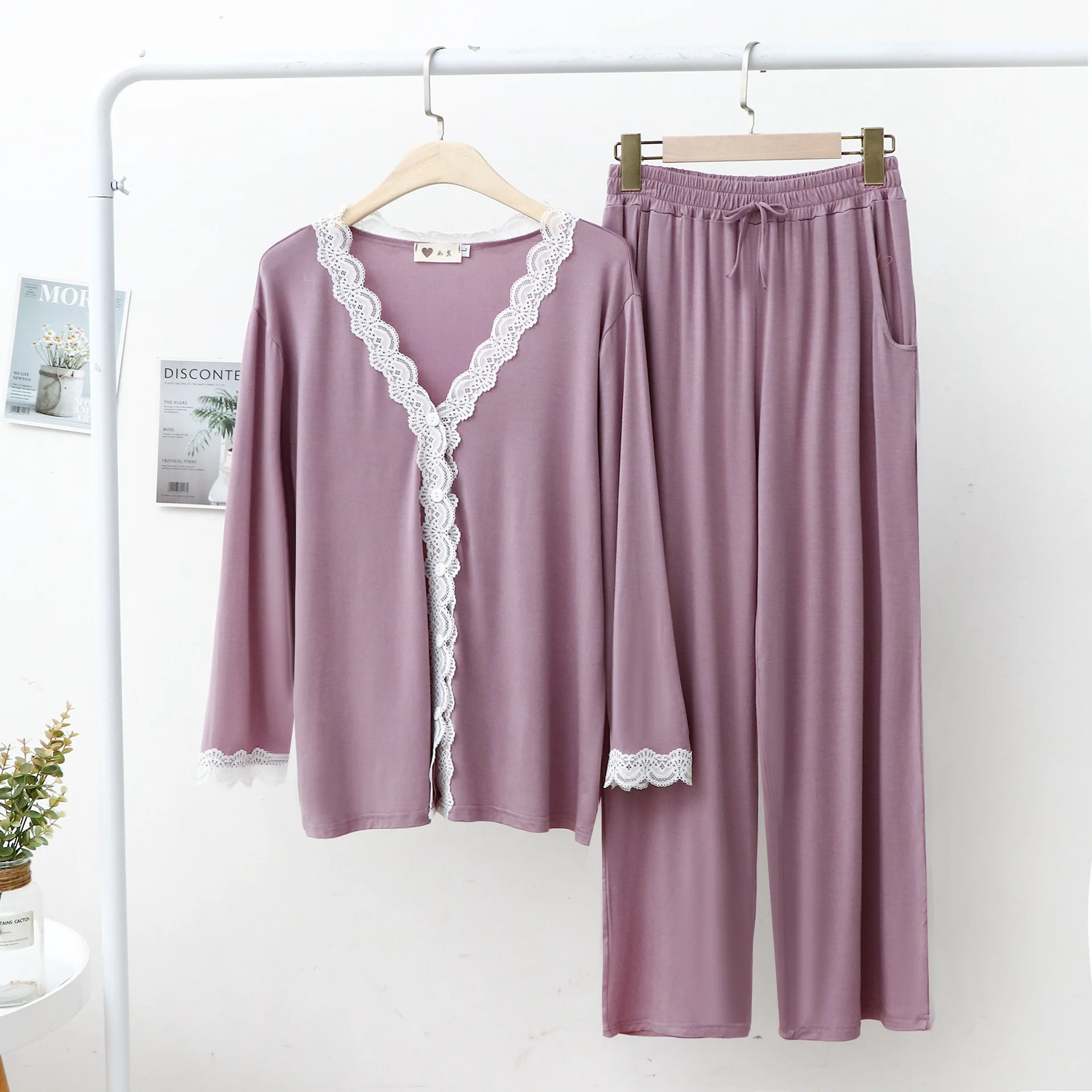 Lace Women Pajamas V Neck Cardigan Trousers Modal Show Temperament Simple and Stylish Soft Comfortable Tracksuit