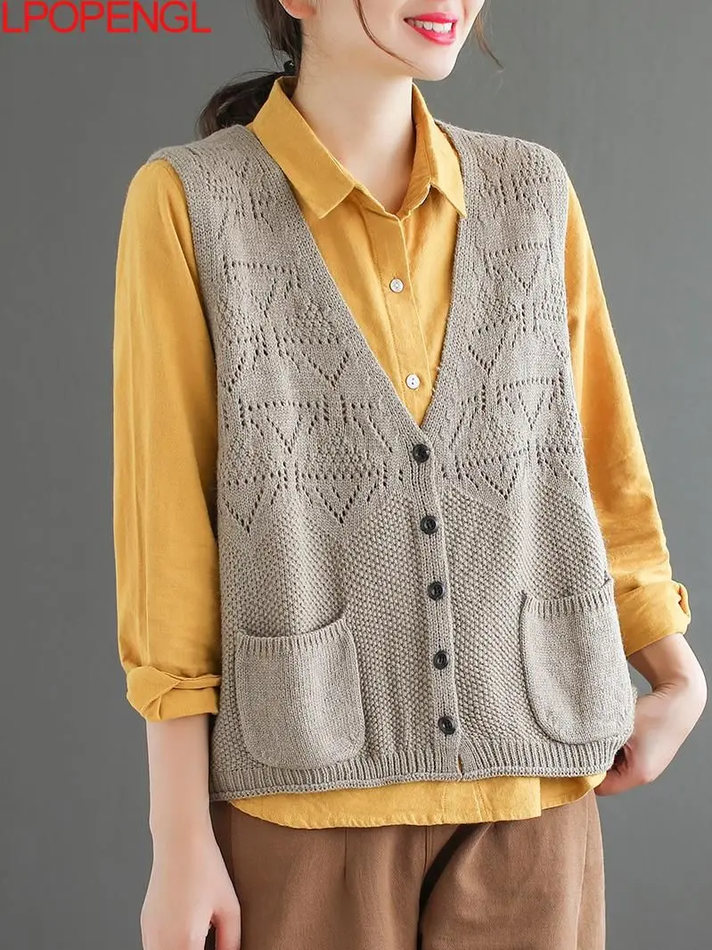 

Женский вязаный кардиган без рукавов, однотонный свободный однобортный винтажный кардиган с V-образным вырезом, весна 2023