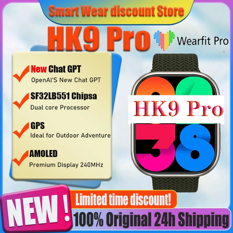 

HK9 PRO Smart Watch Chat GPT 2.02 inch Amoled Wireless Charging Bluetooth Call Compass Strap Lock Series 8 NFC for Men Women