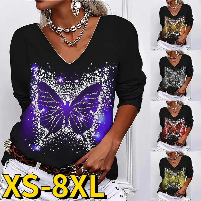 

2022 New Winter Everyday V-Neck T-shirt Autumn Loose Long Sleeve Women's Fashion Casual Pullover Butterfly Print Tops Tee Shirt