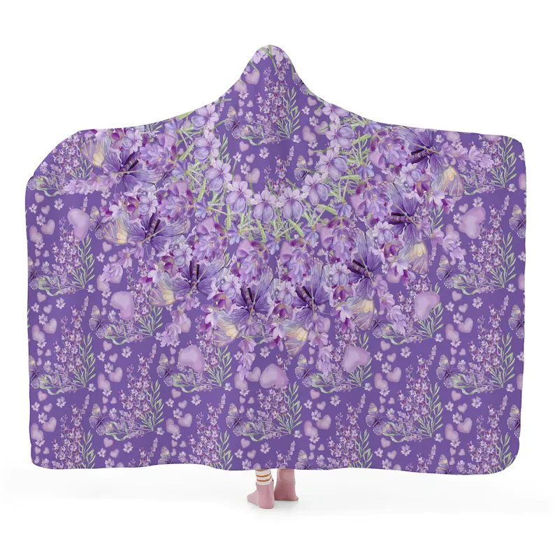 

purple hooded blanket with lavender wreath design, custom blanket, blanket hoodie, cozy blanket, sherpa blanket, boho wrap, gift