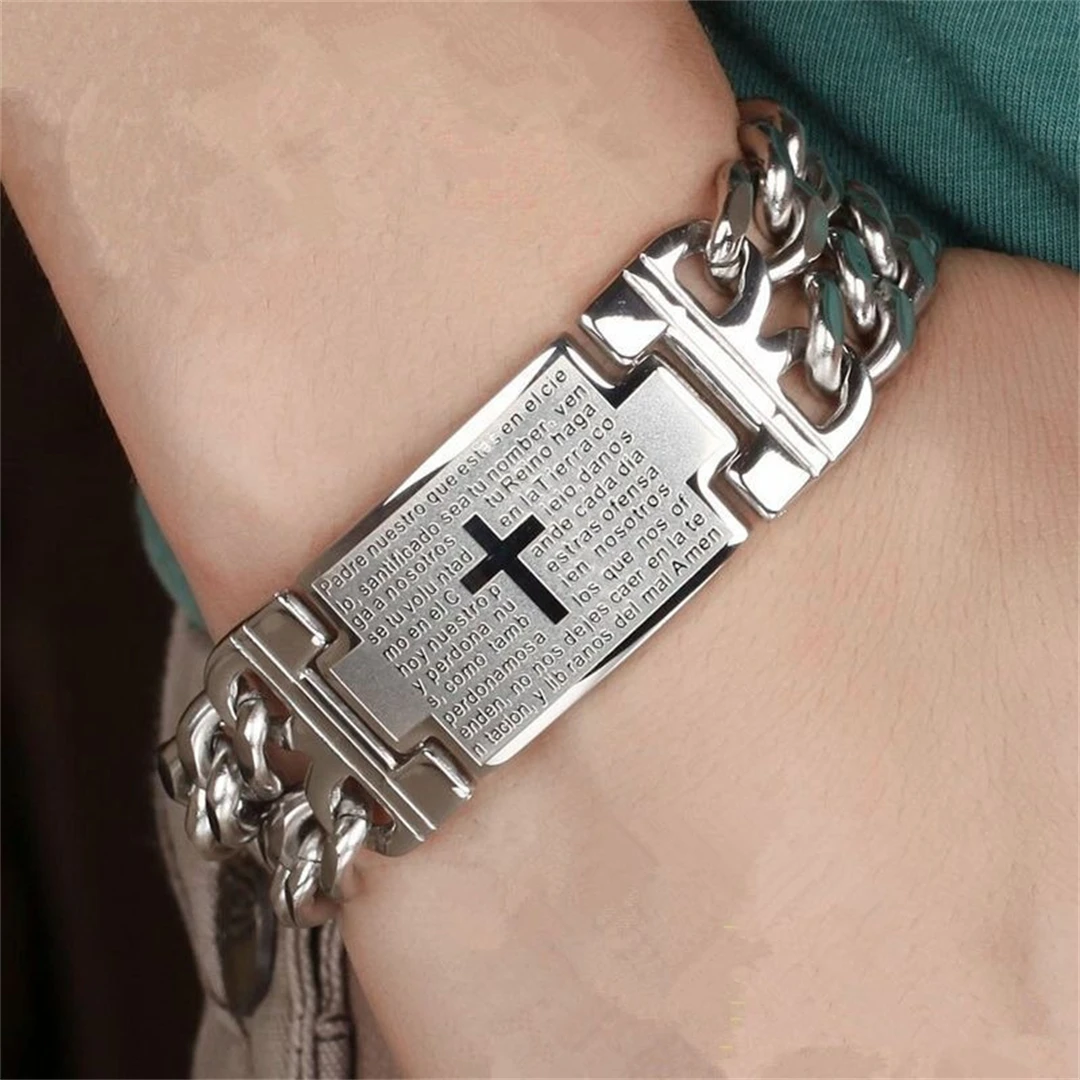 

Fashion Men's Punk Cross Double Row Cuban Chain Titanium Steel Bracelet Personalized Hip Hop Stainless Steel Men's Bracelet