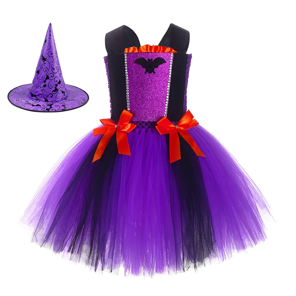 

2022 Halloween Costumes for Kids Purple Bat Witch Cute Bowknot Sleeveless Dress Girls Stage Performance Party Princess Suits