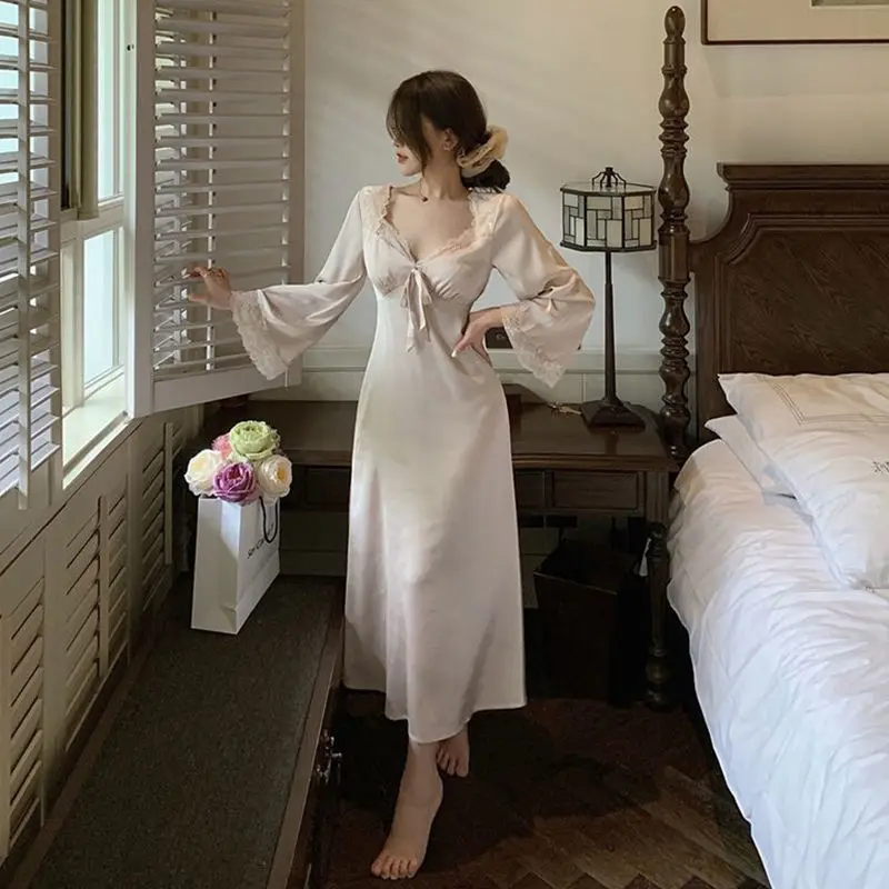 Women's Elegant Nightgown French Style Lace Ladies Summer Long Sleeve Night Dress Solid Bow Sexy Homewear Nightdress For Female