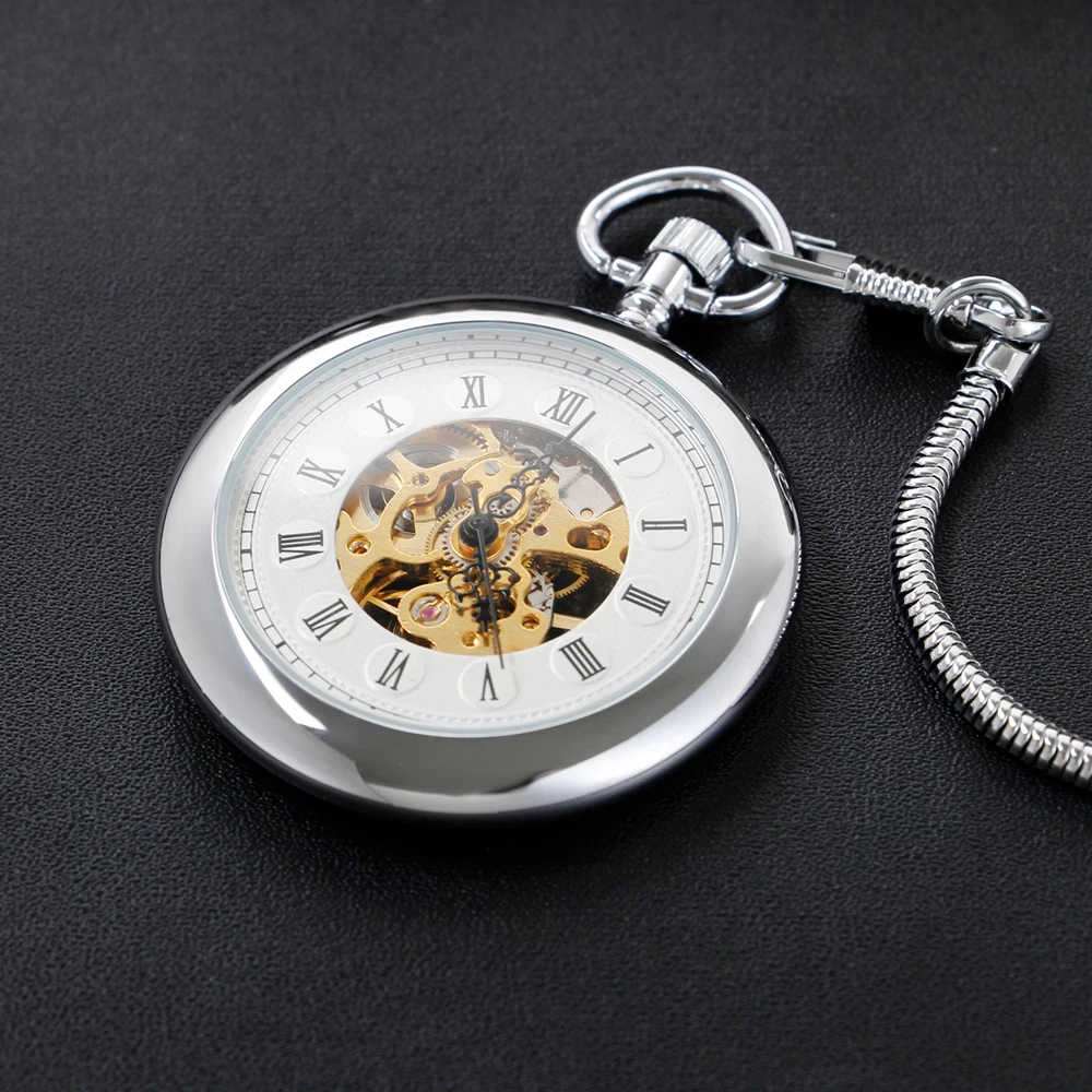 Steampunk Mechanical Manual Pocket Watch Silver Roman Digital Skull Dial Pendant Automatic Antique Clock Men's and Women's Gift