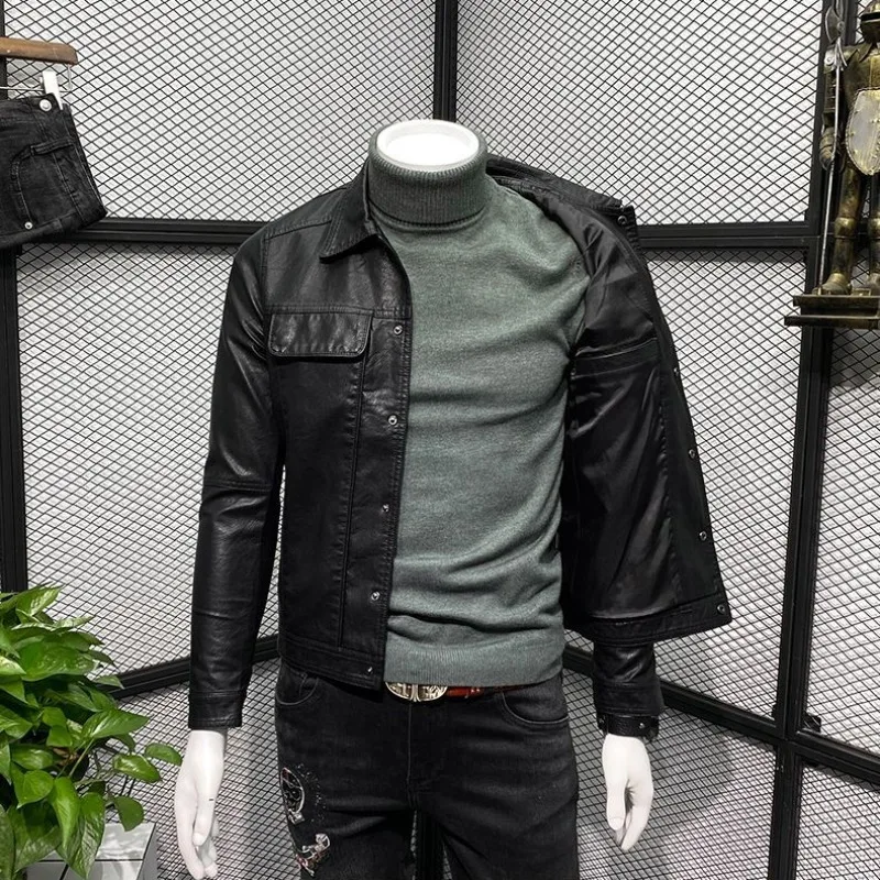 Куртка мужская демисезонная из искусственной кожи приталенный силуэт короткая