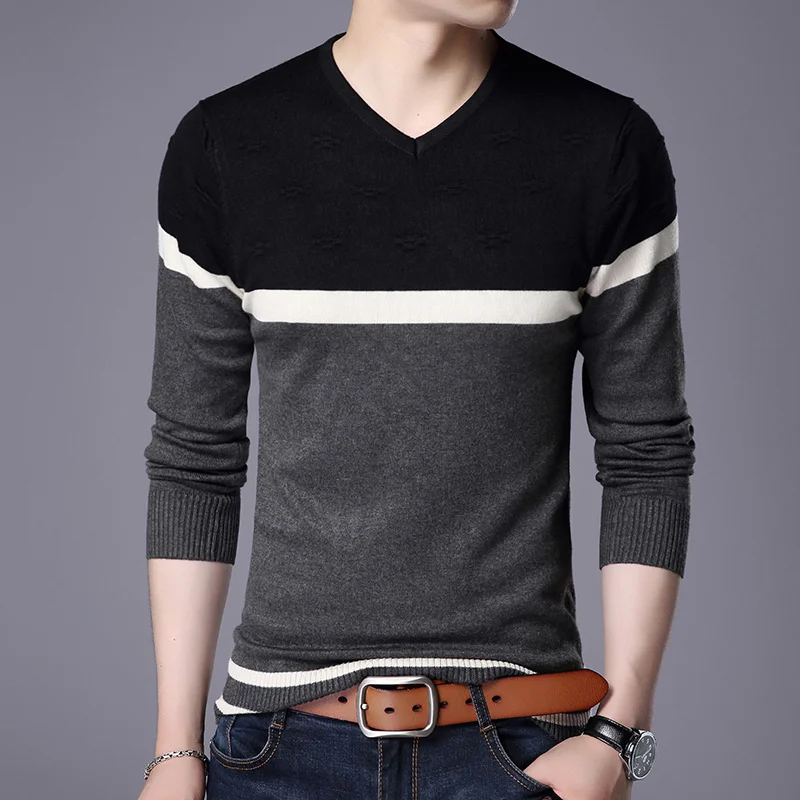 

Spring Autumn Men Pullovers Sweater V Neck Casual Slim Fit Knitted Sweaters Long Sleeve Pullover Tops Mens Bottoming Sweater