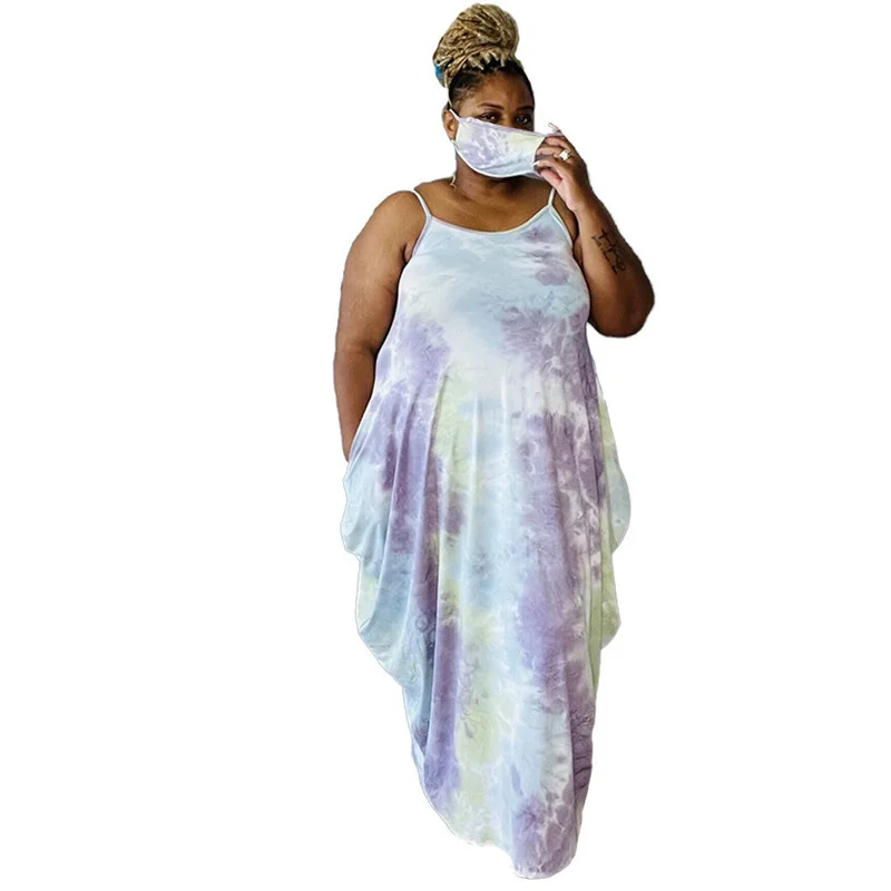 Plus Size Maxi Dress Women Clothing Wholesale Summer Sexy Tie Dye Loose Elegant Pockets Tank Dresses Streetwe 3xl 4xl 5xl 6xl