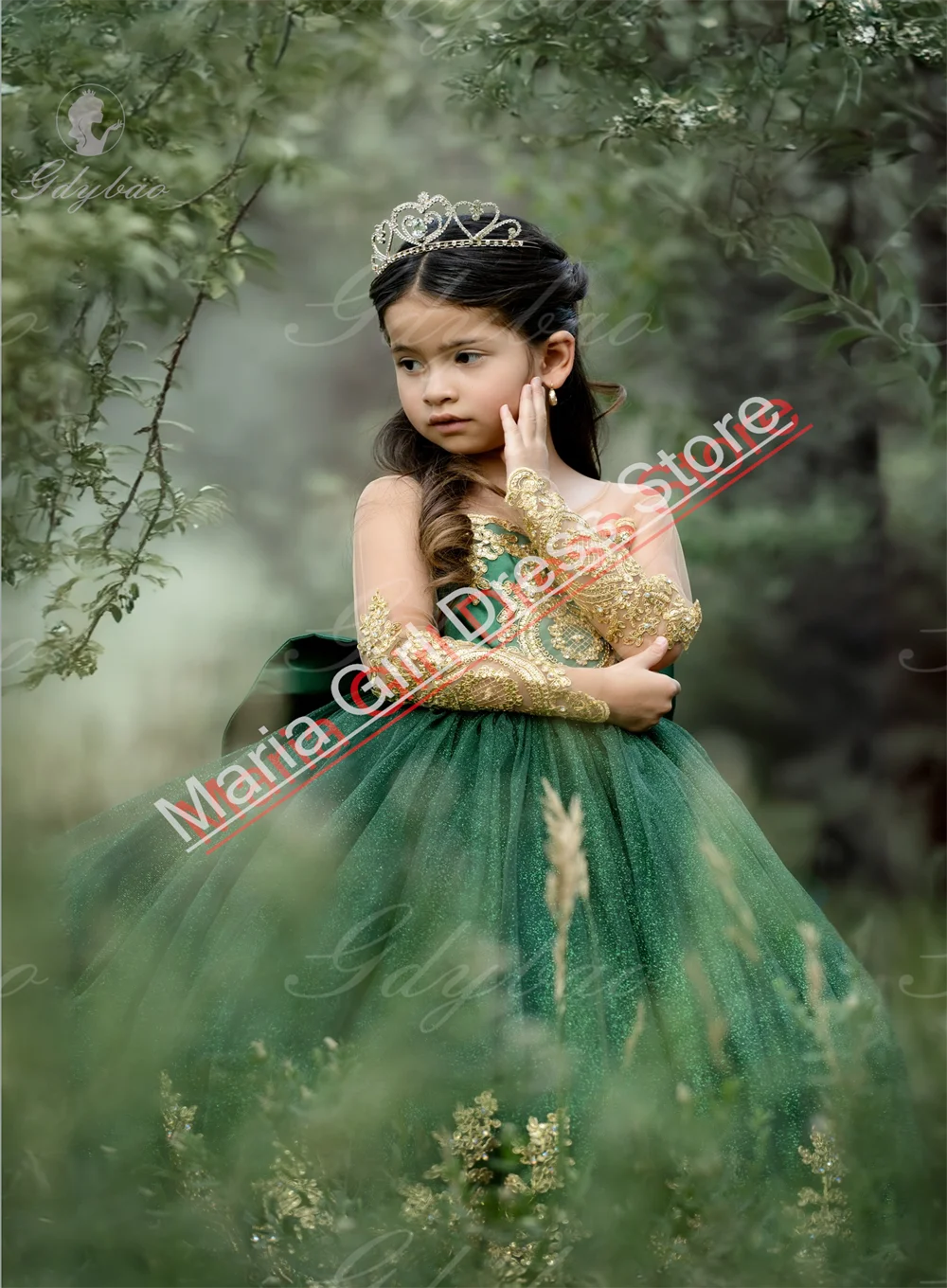 Elegant Dress For Girl Gold Lace Appliqué Emerald Green Flower girl dress Long sleeves With Tulle Suitable Prom Pageants Bir