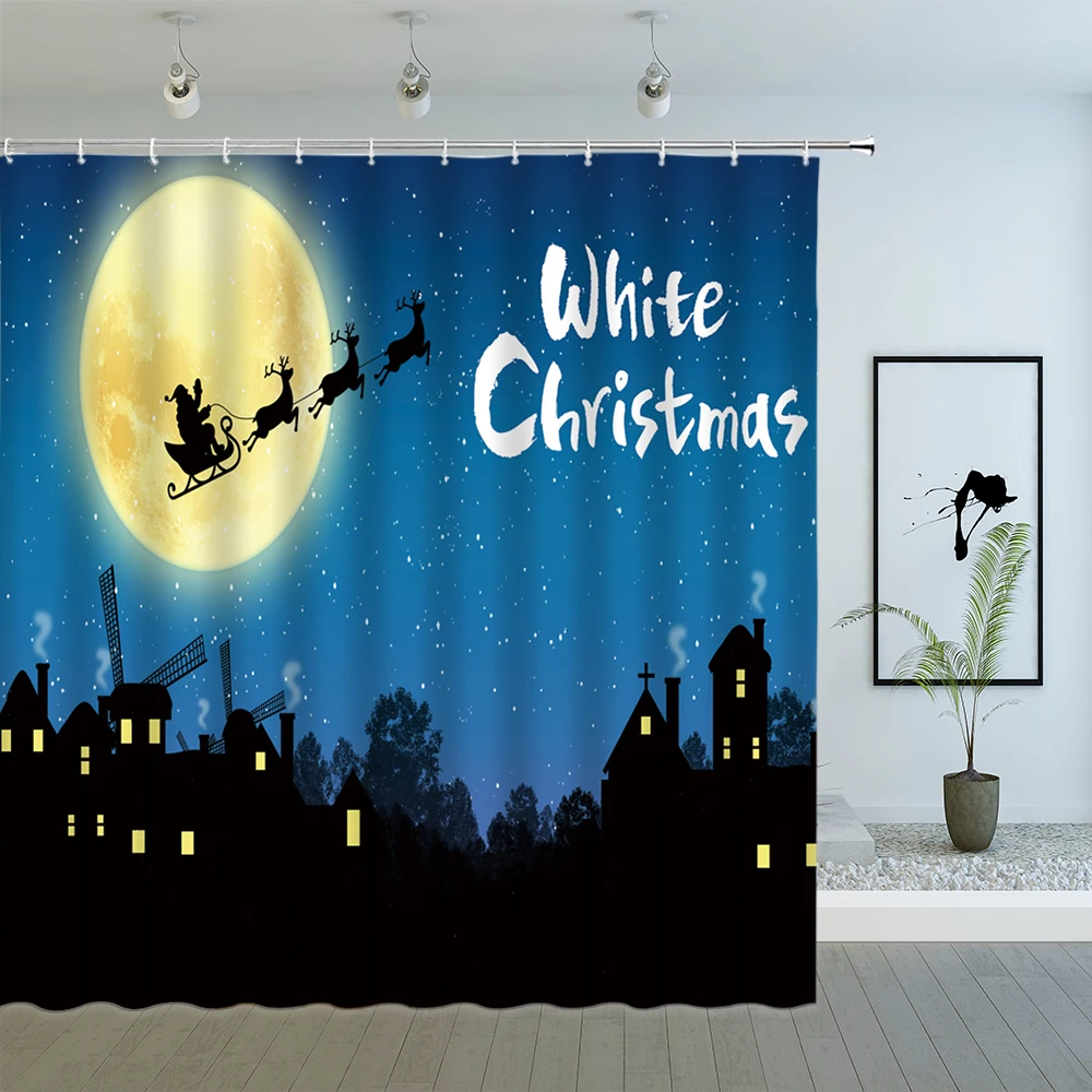 

Cartoon Christmas Shower Curtain Xmas Tree Fairy House Snowman Winter Night Snow Scene Bath Curtains Bathroom Waterproof Screen