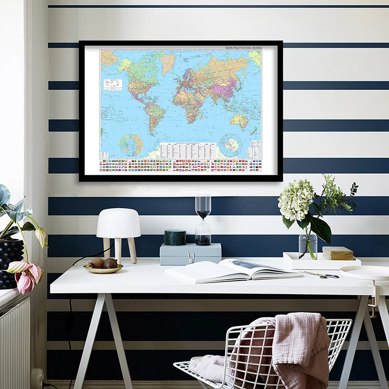 

84*59cm The Spanish World Map with National Flags Wall Poster Living Room Home Decoration Study Supplies Canvas Painting
