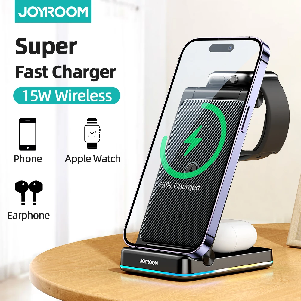 Joyroom Foldable Wireless Charger 3 in 1 Multiple 15W Fast Charging Station For Apple Watch For Phone For Airpods On Table