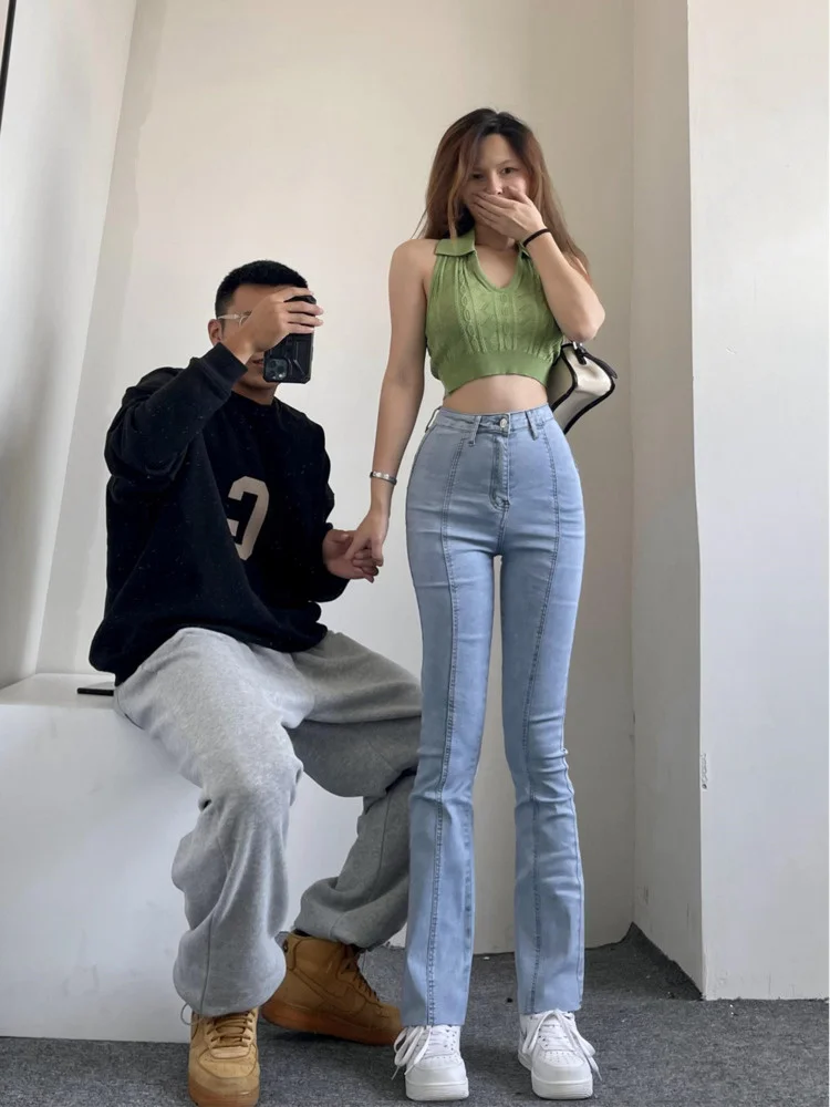 

Stretch High Waist Sweet French Hem Metal Dark Buckle Split Denim Flared Pants Solid Color High Street Women's ClothingV83Q