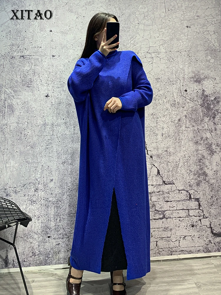 

XITAO Turtleneck Asymmetrical Sweater Dresses Split Pullover Casual Fashionable Design Sense Solid Color Minority WLD13395
