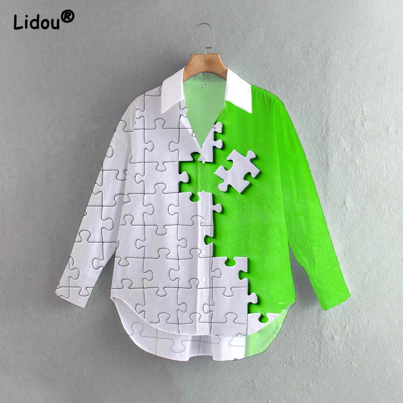 

Fashion Casual Shirts Turn-down Collar Single Breasted Slim Oversize Printing Tops Women Spring Autumn Hipster Clothing 2022