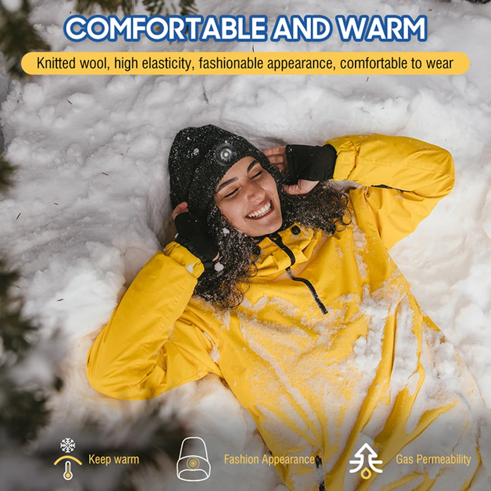 

LED Lighted Beanie Hat Windproof Knitted Hat Light Hands-free Removable Type-C USB Charging for Hunting Camping Running Fishing