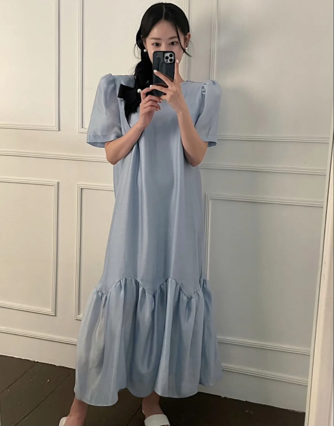 

SuperAen 2022 Summer Solid All Match O-Neck Puff Sleeve A-LINE Casual Flounced Edge Ankle-Length Slim Dresses for Women